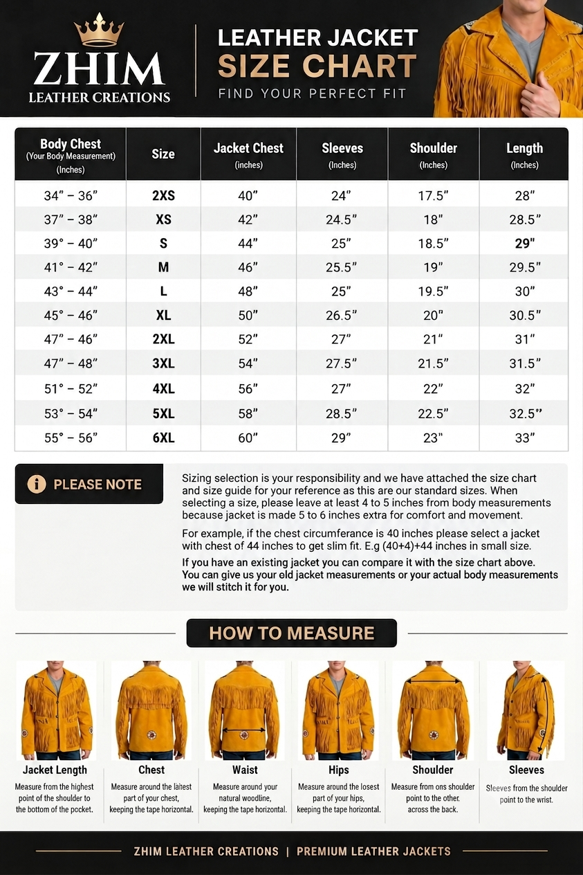 A leather jacket size chart and measurement guide from ZHM Leather Creations, featuring a size table, a note about measurement responsibility, and illustrated body measurements for a leather jacket.