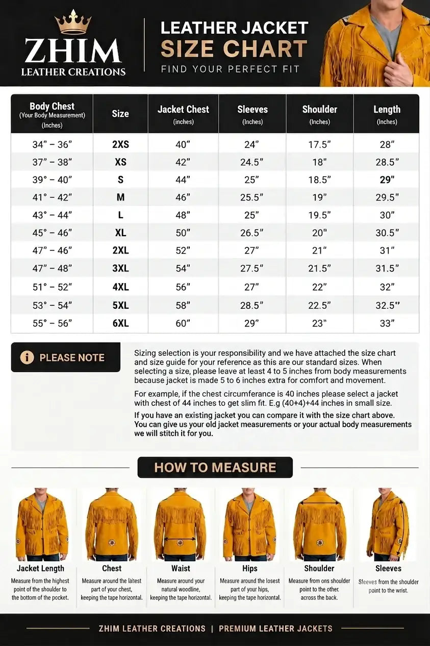 Size chart for Zhim Leather Creations men's western suede fringed jacket with measurement guide.