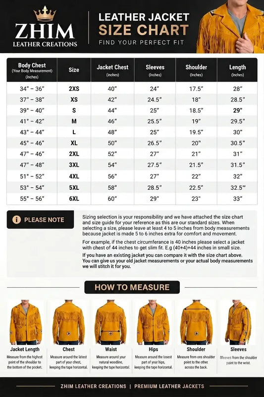 Size chart for Zhim Leather Creations men's western suede fringed jacket with measurement guide.