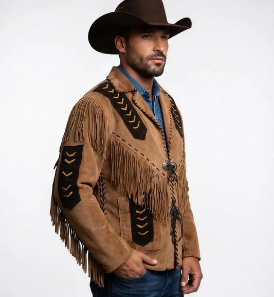 Man wearing a Zhim Leather Creations brown fringe suede leather cowboy jacket and hat.