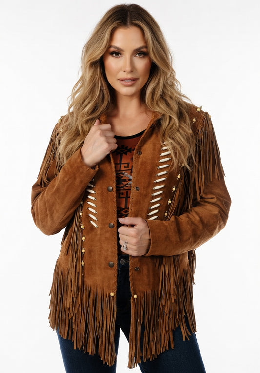 Women's Brown Suede Bone & Bead Fringe Western Jacket