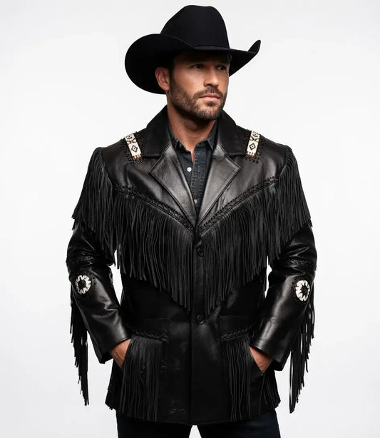 Man wearing a black suede fringe cowboy jacket and cowboy hat by Zhim Leather Creations