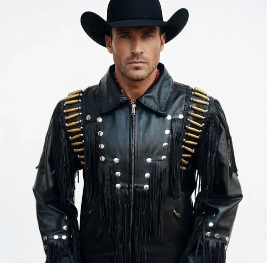 Man wearing a black leather western jacket with fringe and bullet details by Zhim Leather Creations