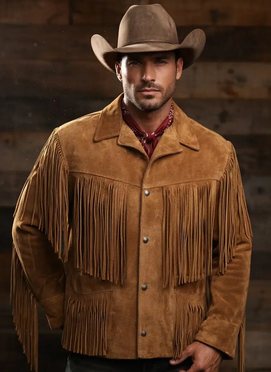 Man wearing a Zhim Leather Creations brown suede fringe cowboy jacket and brown cowboy hat.
