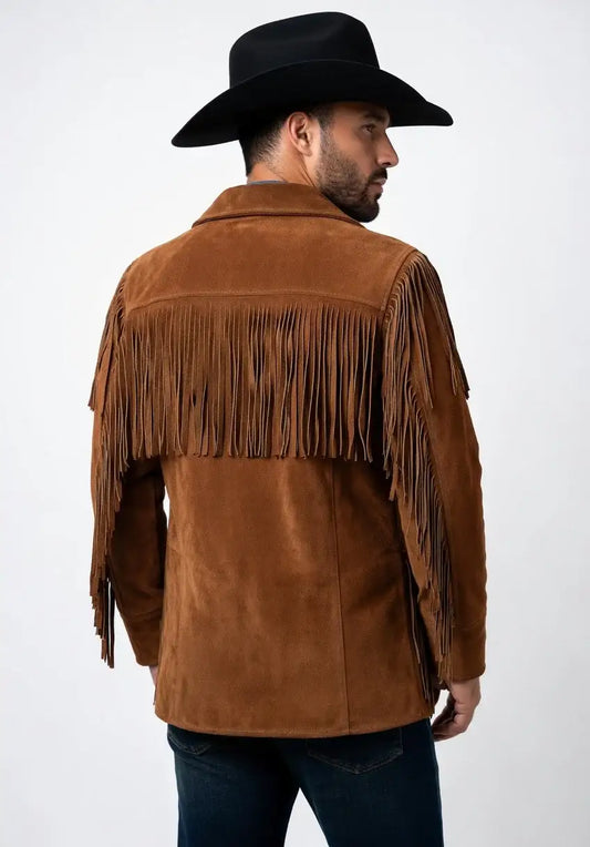 Men's brown suede fringe cowboy jacket by Zhim Leather Creations worn with a black hat.