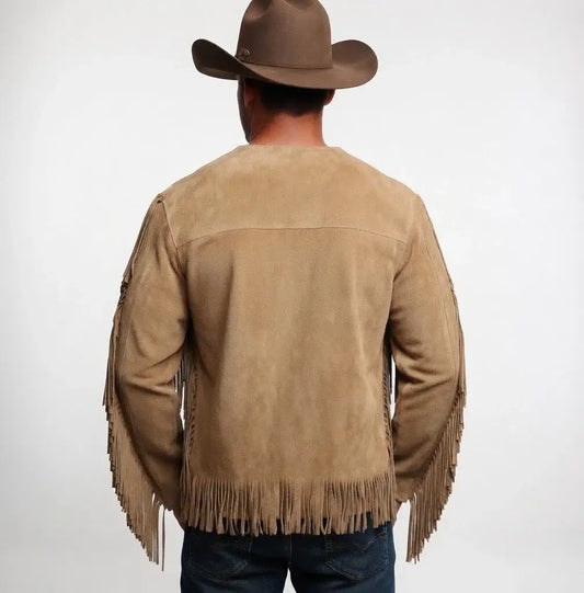 Rear view of a man wearing a Zhim Leather Creations sand beige suede fringe western jacket and hat