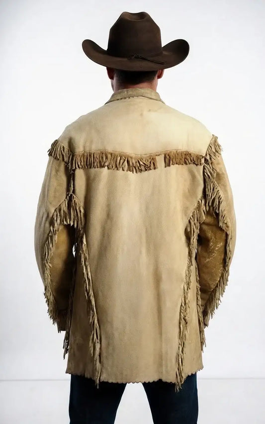 Back view of a man wearing a Zhim Leather Creations cream buckskin suede fringe western jacket.