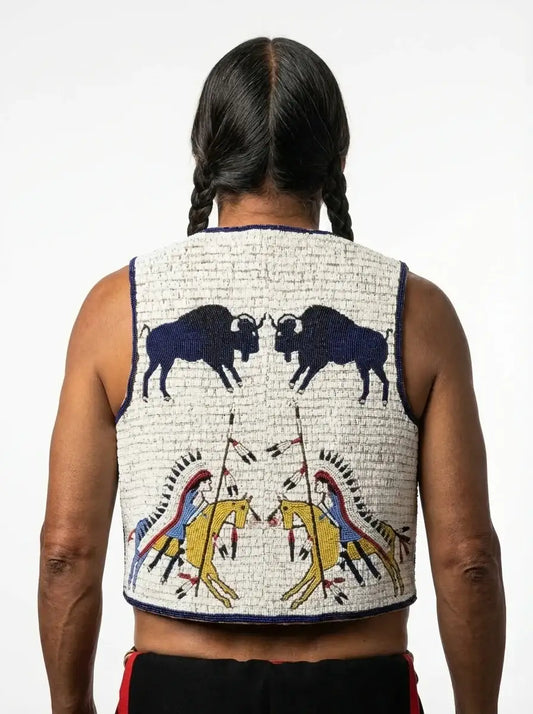 Back view of a Zhim Leather Creations handmade beaded Sioux style powwow regalia vest