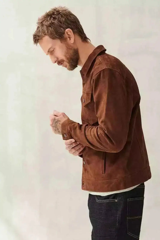 Man wearing a Zhim Leather Creations classic brown suede leather trucker jacket.