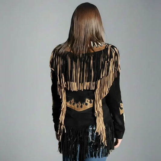 Back view of a woman wearing a Zhim Leather Creations black suede cowboy jacket with tan fringe.