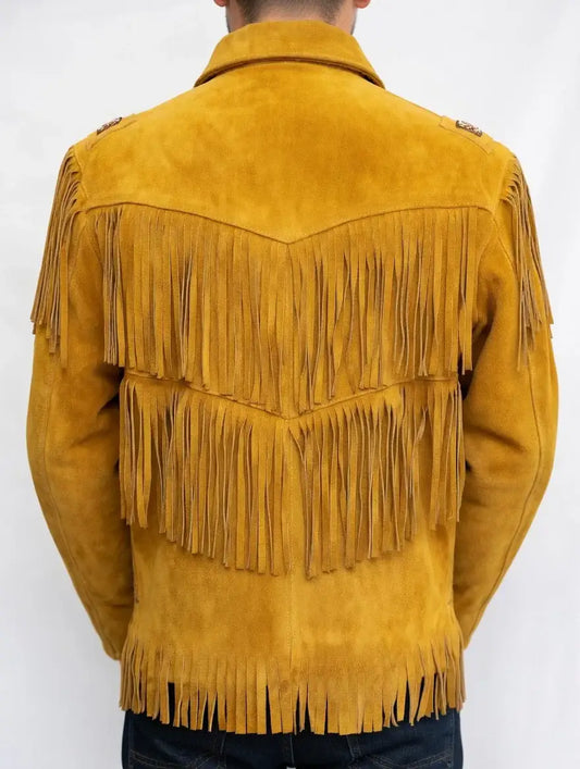 Back view of a men's mustard yellow suede fringe leather cowboy jacket by Zhim Leather Creations