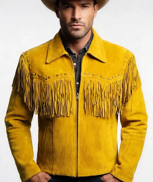 Man wearing a Zhim Leather Creations yellow suede fringe cowboy jacket.