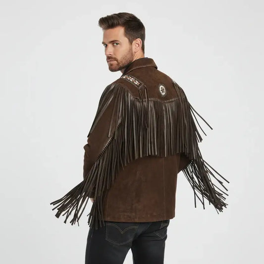 Rear view of a man wearing a brown Zhim Leather Creations suede fringed western jacket.