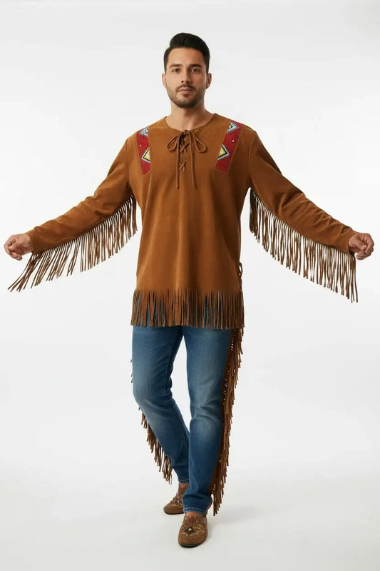 Man wearing a brown suede beaded fringe shirt by Zhim Leather Creations with blue jeans.