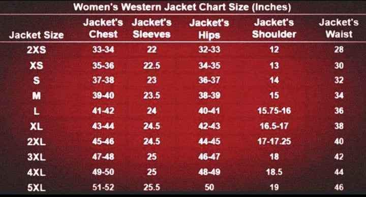 Women's Western Jacket Size Chart in inches showing chest, sleeves, hips, shoulder, and waist measurements.