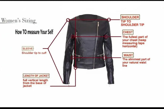 Women's leather jacket sizing guide showing how to measure shoulder, chest, waist, and sleeve.