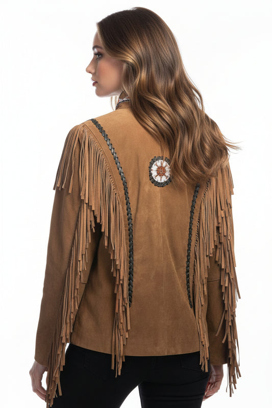 Brown suede jacket with fringes and Native American design on a white background