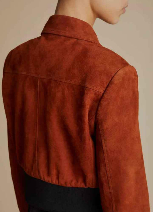 Back view of a women's rust brown suede leather cowboy jacket by Zhim Leather Creations.