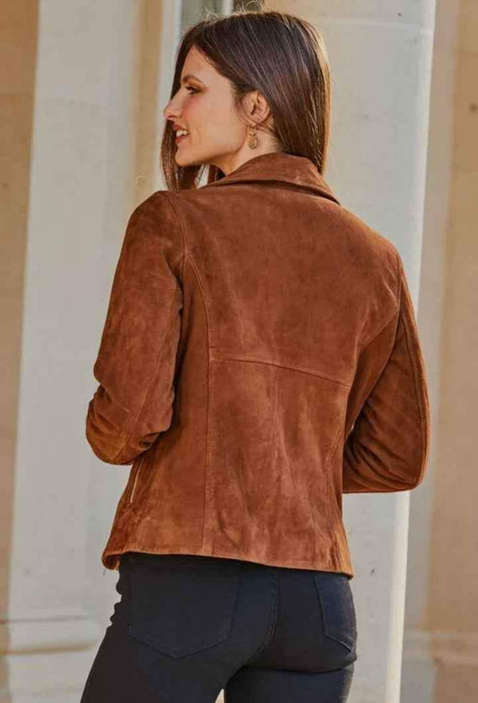 Women's brown suede fringe cowboy jacket by Zhim Leather Creations shown from the back.