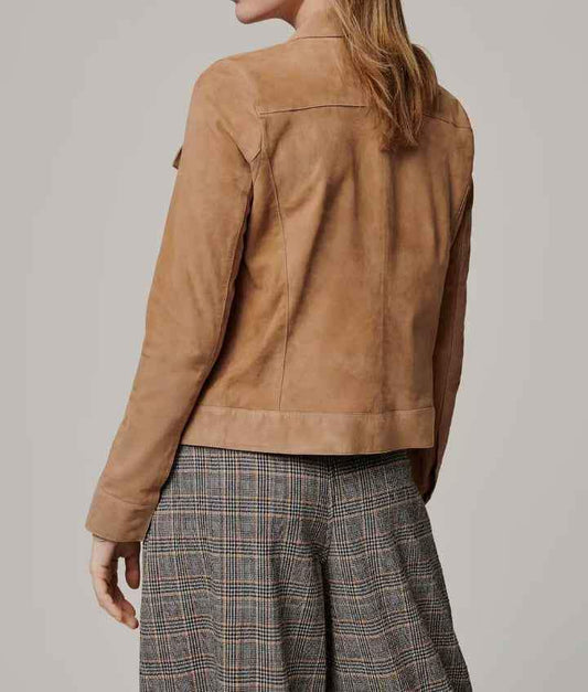 Back view of a tan women's suede leather cowboy jacket by Zhim Leather Creations