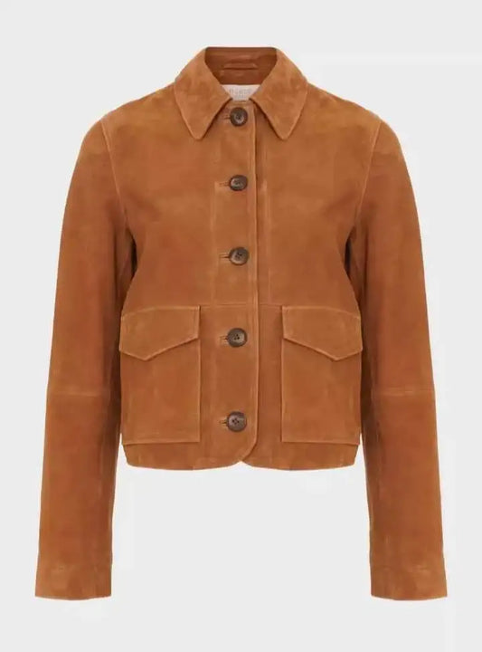 Women's brown suede leather cowboy jacket by Zhim Leather Creations with front pockets.