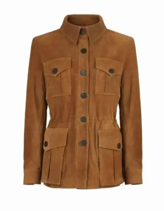 Women's brown suede leather cowboy jacket by Zhim Leather Creations with four utility pockets