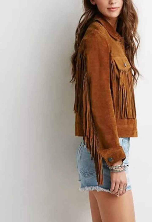 Women's brown suede fringe leather cowboy jacket by Zhim Leather Creations