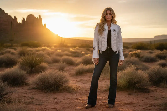 Woman wearing a white Zhim Leather Creations fringe suede cowboy jacket in a desert at sunset.