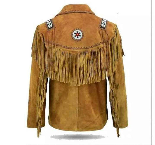 Women's tan suede fringe cowboy jacket with beaded medallion detail by Zhim Leather Creations