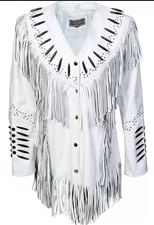 White women's fringe suede leather cowboy jacket by Zhim Leather Creations