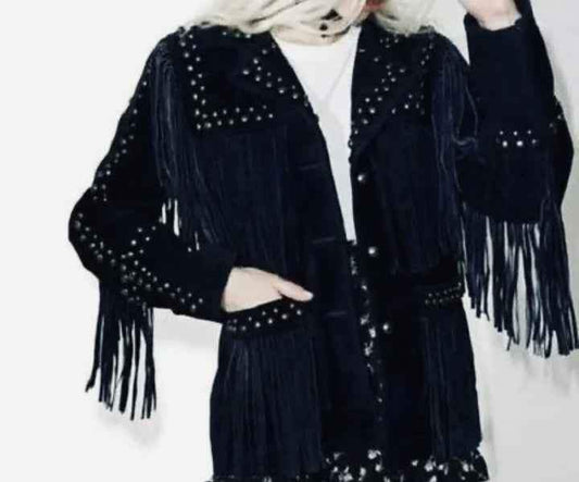 Women's black suede fringe leather cowboy jacket with silver stud detailing by Zhim Leather Creations