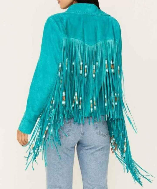 Women's turquoise suede fringe cowboy jacket with beaded accents by Zhim Leather Creations