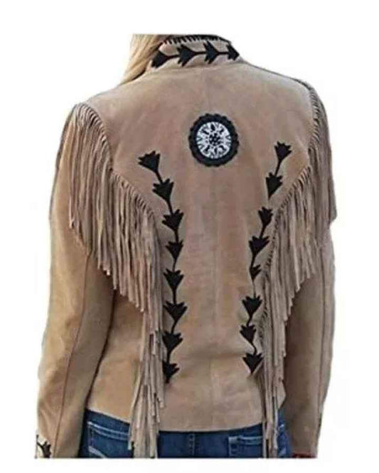 Women's tan suede fringe leather jacket with black beaded patterns by Zhim Leather Creations