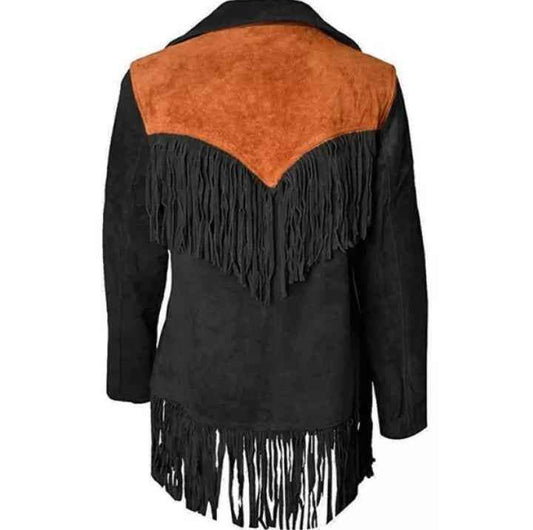 Back view of Zhim Leather Creations women's black suede fringe jacket with tan yoke