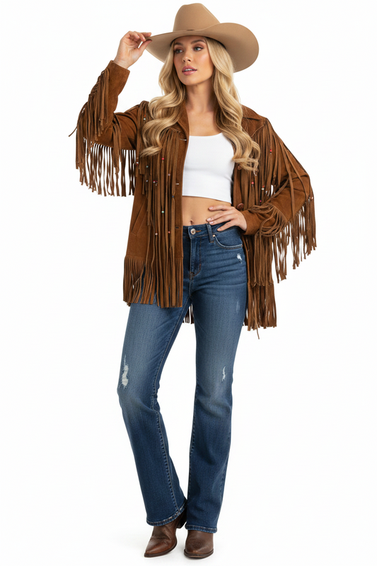 Brown suede fringe jacket on a mannequin against a white background