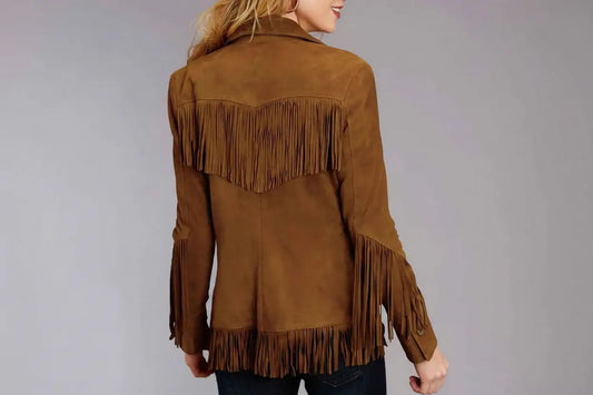 Back view of a women's brown Western fringe suede leather coat by Zhim Leather Creations