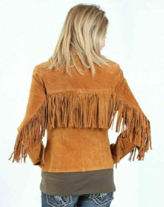 Back view of a woman wearing a tan suede fringe leather jacket by Zhim Leather Creations.