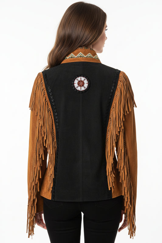 Black leather vest with brown fringes and a decorative patch on a white background