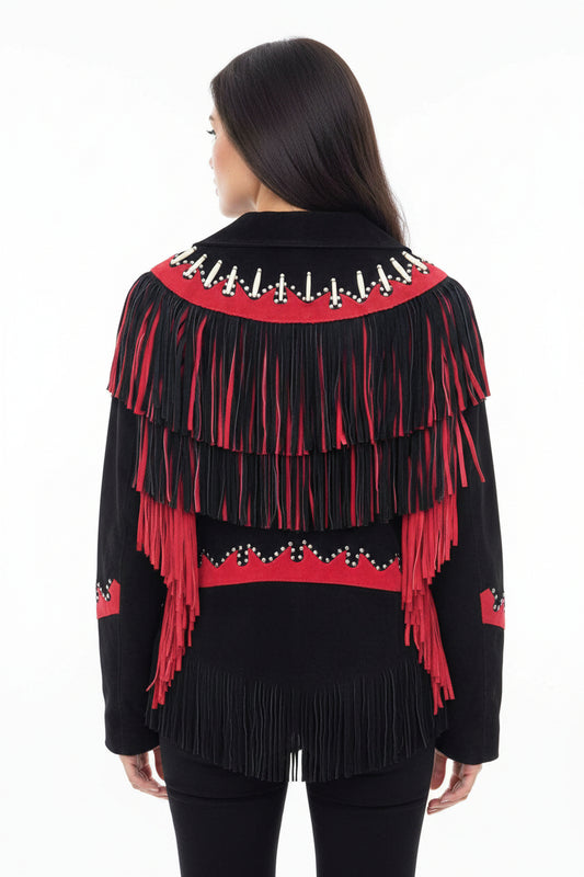 Black and red fringed jacket with studded details on a white background