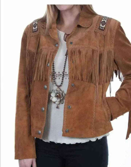 Zhim Leather Creations women's tan suede fringe jacket with beaded shoulder details