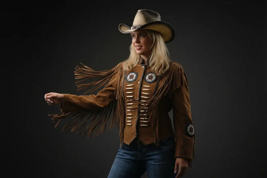 Woman wearing a brown suede fringe leather jacket with beaded western details by Zhim Leather Creations