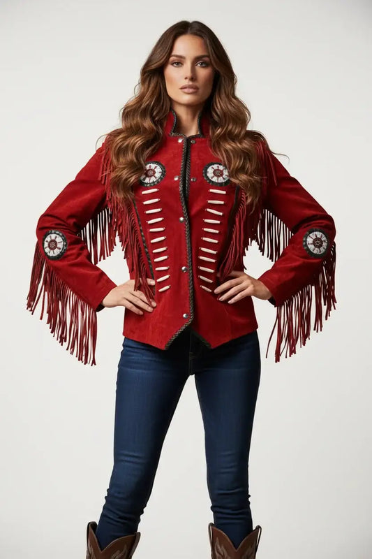 Woman wearing a Zhim Leather Creations red suede fringe jacket with beaded details and blue jeans.
