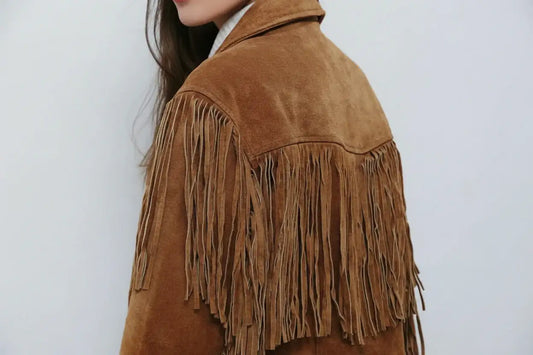 Women's tan suede leather jacket with long western fringe detail by Zhim Leather Creations