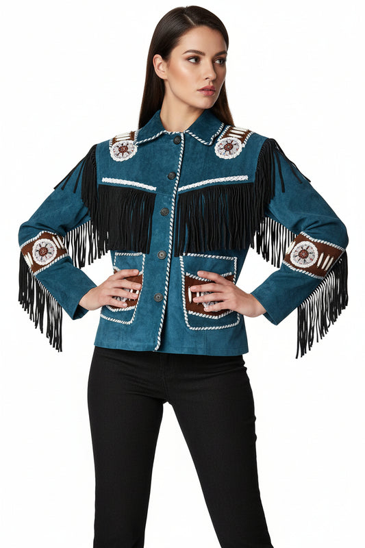 Women Fringe Suede Leather Beaded Jacket- ZLC-WWJ-2059