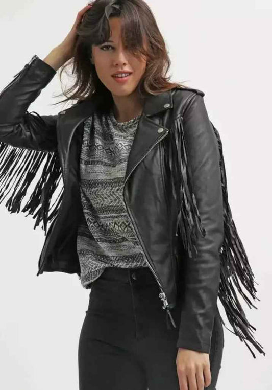Women Fringe Real Leather Biker Jacket- ZLC-WWJ-2060