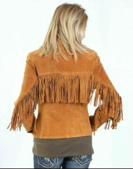 Back view of a women's tan suede fringe real leather biker jacket by Zhim Leather Creations