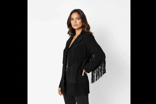 Women's black suede fringe leather biker jacket by Zhim Leather Creations