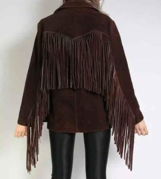 Back view of a Women's Zhim Leather Creations brown suede biker jacket with long fringe detailing.