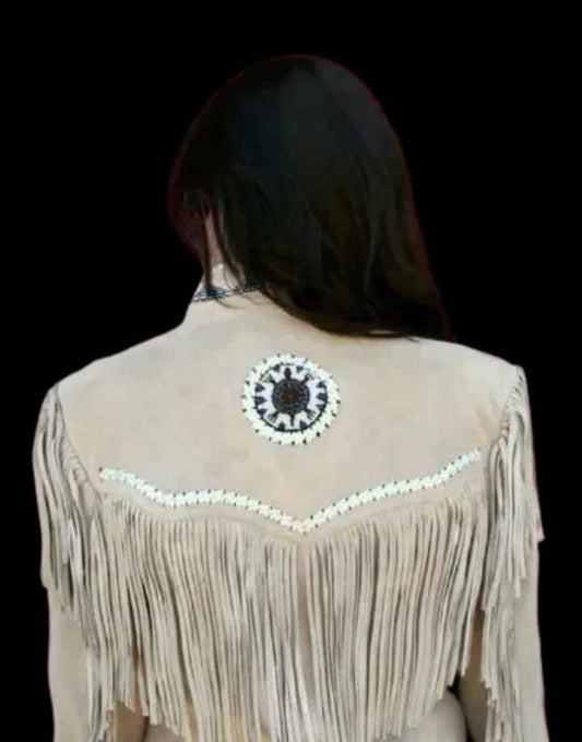 Back view of a beige Zhim Leather Creations women's leather biker jacket with fringe and beadwork.