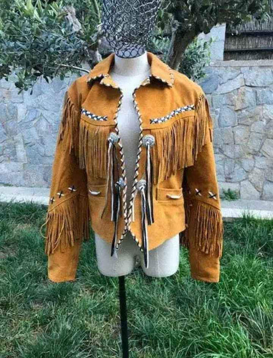 Women's tan suede leather cowboy jacket with fringe and beaded details by Zhim Leather Creations